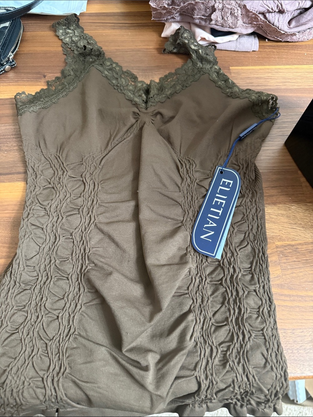 Elietian Women’s Shaping Camisole Tank Brown Lace Trim Ruched Stretch NWT